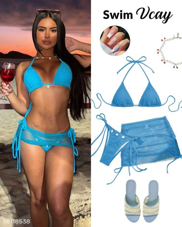Swim Vcay 3pcs Women's Summer Beach Plain Fishnet Swimwear Set