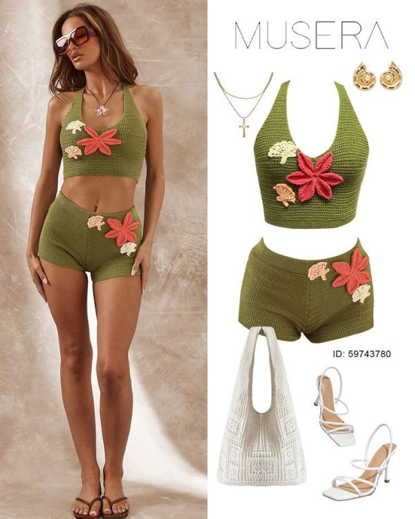 MUSERA Halterneck Floral Crochet  Swimwear Cover Up