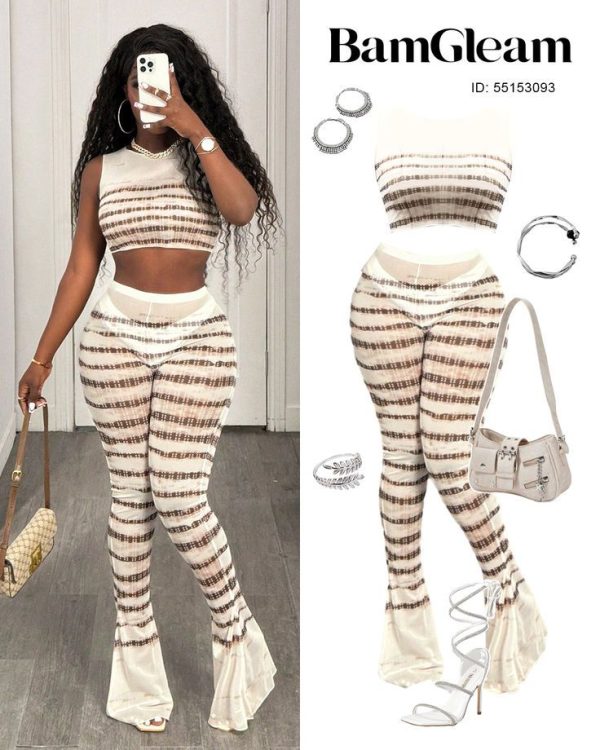 BamGleam 2pcs/Set Women's Semi-Sheer Striped Round Neck Cropped Tank Top And Shorts