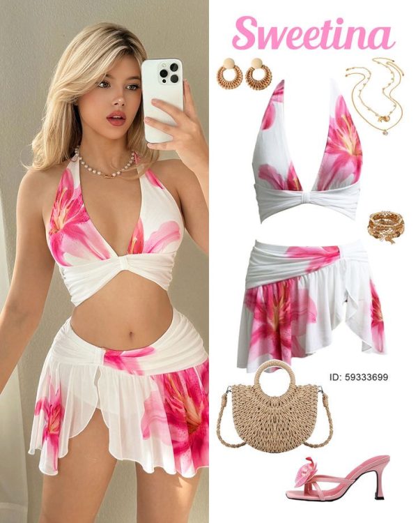 Sweetina Women's Y2k Going Out Vacation Floral Print Mini Skirt Set