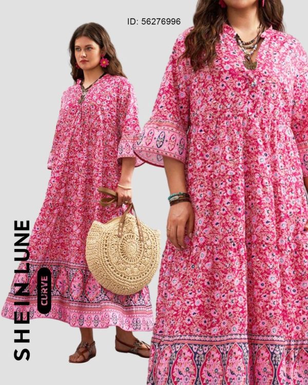 SHEIN LUNE Plus Size Women's Holiday Floral Print Bell Sleeve Loose Dress