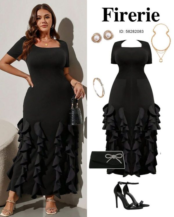 Firerie Plus Size V-Neck  Long A-Line Ruffled Hem Dress