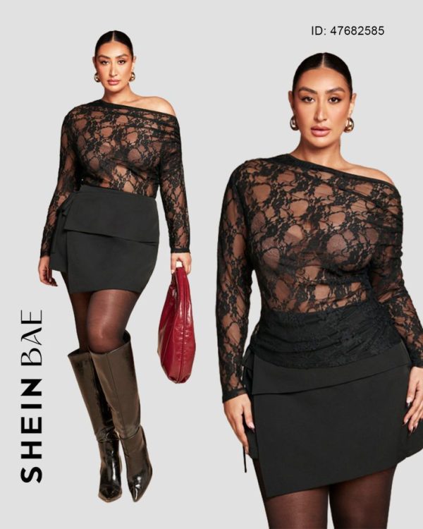 SHEIN BAE Plus Size See-Through Lace Asymmetric One-Shoulder Gathered T-Shirt Tops