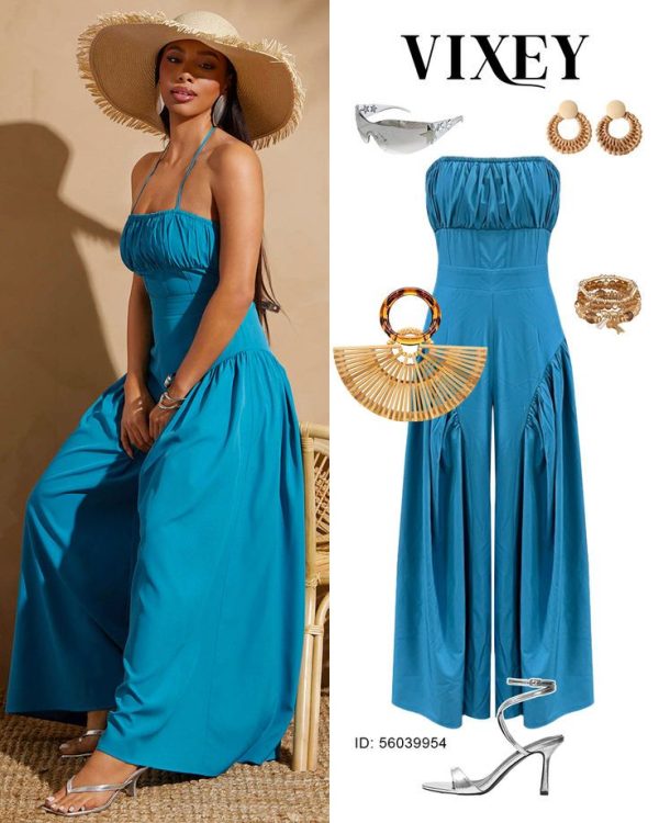 Vixey Pleated Halter Neck Extreme Wide Leg Cami Jumpsuit