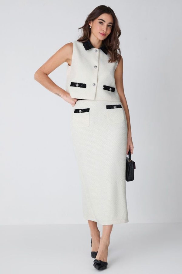 Enchnt Women's White Contrast Color Sweet Elegant Metal Buttons Decor Sequin Tweed Vest Jacket