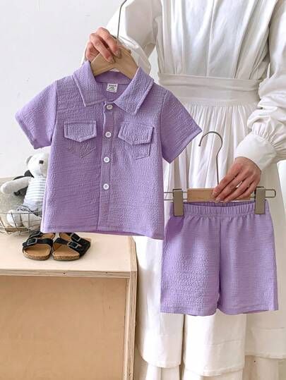 Baby Boy/Girl Purple Collar Short Sleeve Shirt And Shorts Textured Fabric Outfit