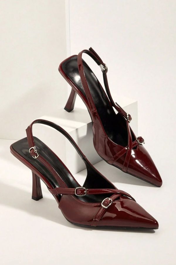 Sexy Burgundy Cross Strap Buckle Stiletto High Heel Sandals