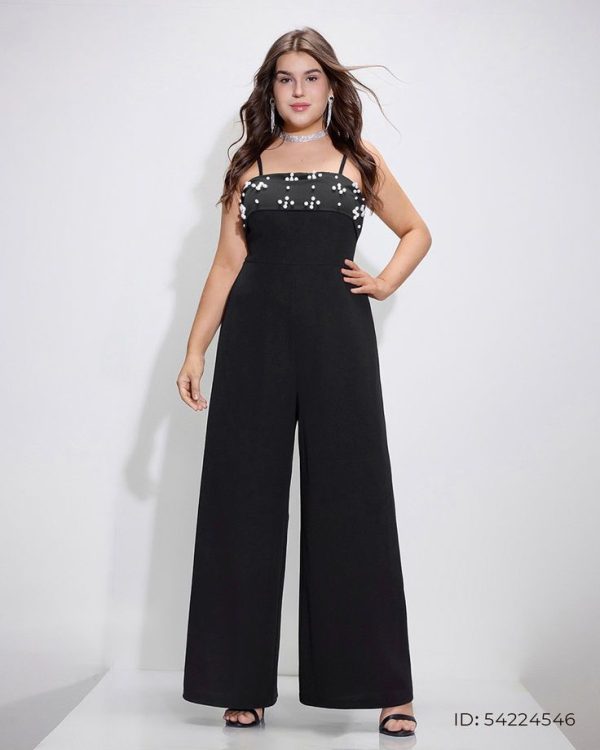 SHEIN MOD Plus Size Women's Elegant Black Luxury Pearl Slim Fit Wide Leg Jumpsuit