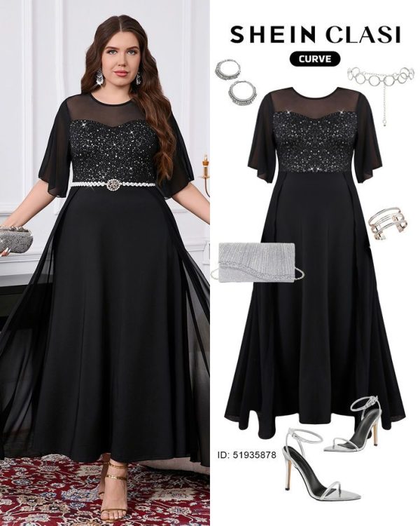 SHEIN Clasi Curved Plus Size Women's Black Elegant A-Line Long Dress