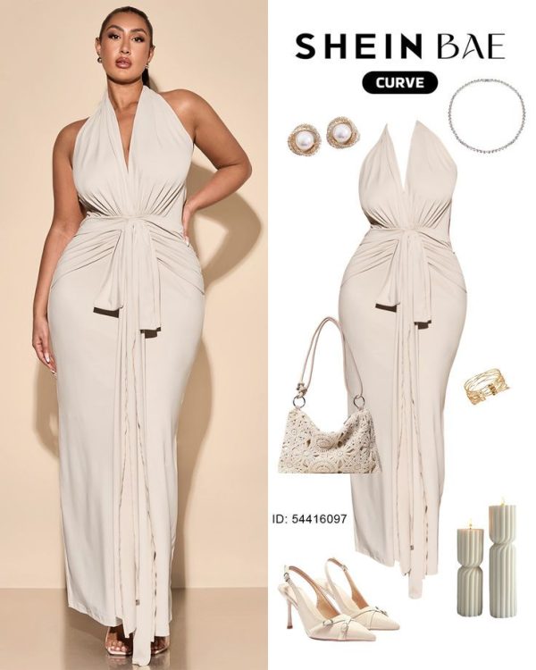 SHEIN BAE Plus Size Women Elegant Long V-Neck Knit Dress