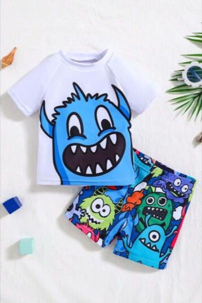 SHEIN 2pcs/Set Baby Boy/Girl Casual Cartoon Monster Print Set