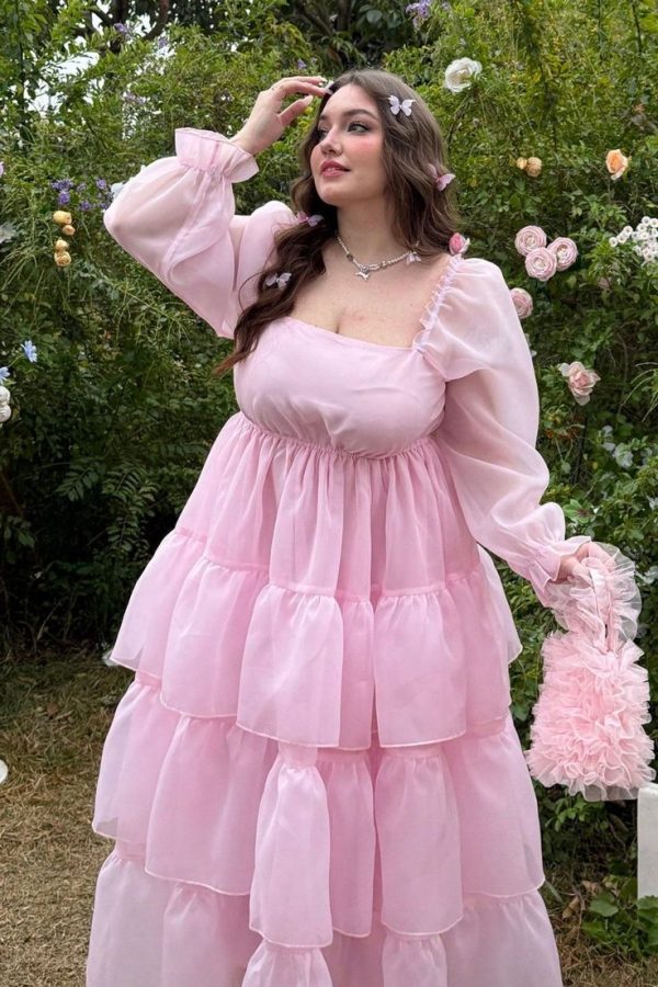 Plus Size Square Neck Long Sleeve Layered Baby Pink Dress