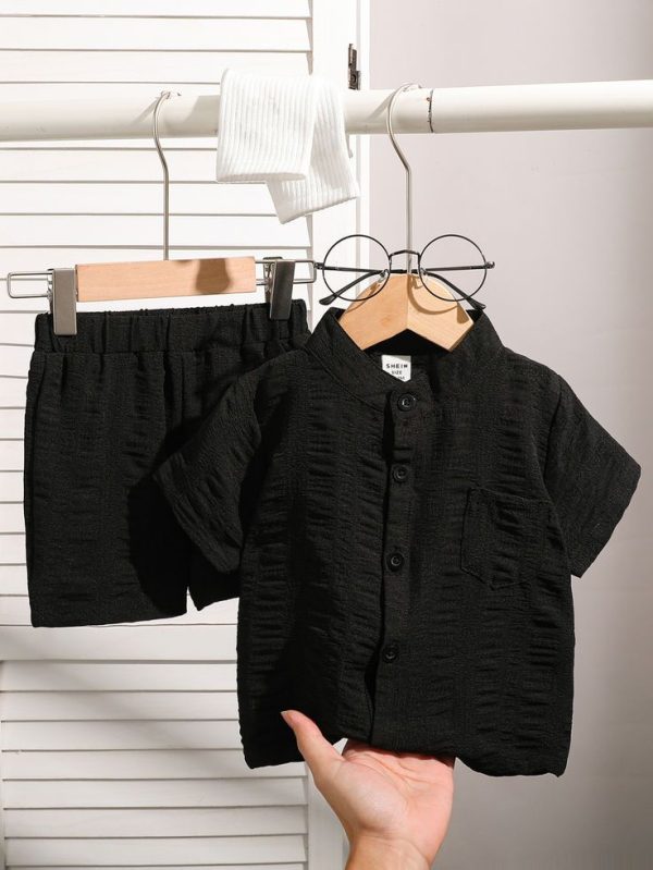 Toddler Boys 2-Piece Set: 2pcs Black Stand Collar Shirt And Shorts Outfit, Suitable For Daily Outdoor Play, School, Holiday, Sports, Party, And Quality Time With Kids