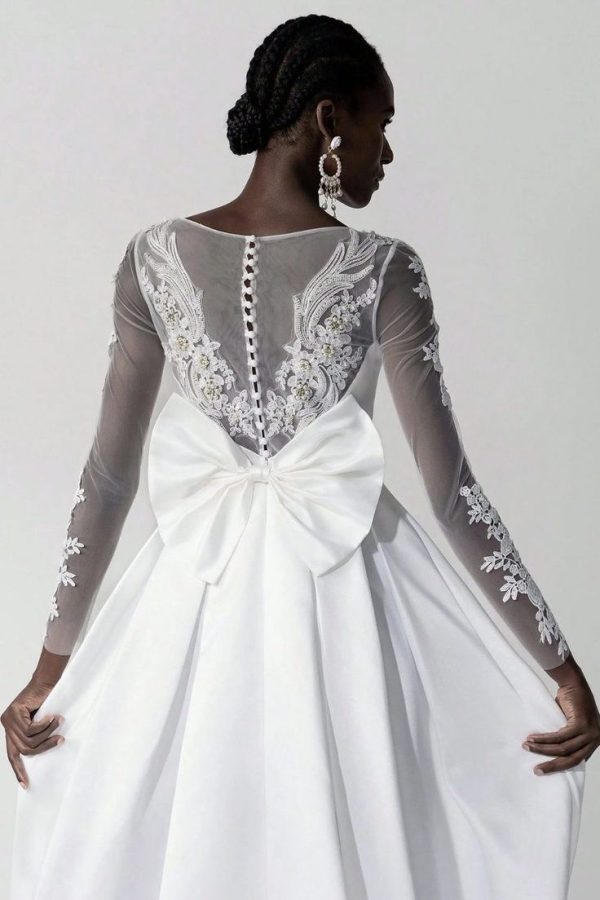 Elegant Embroidered Lace Applique Satin Big Bow Sexy Maxi Dress