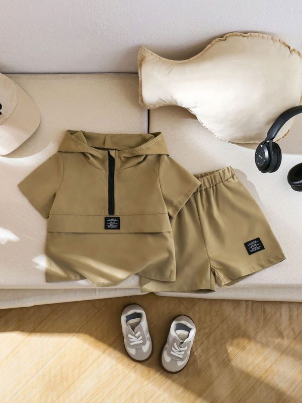 2pcs Toddler Baby Boy Khaki Hoodie Pullover Jacket & Shorts Set