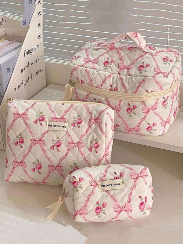 3pcs/2pcs/1pc Quilted Bow & Rose Design Cosmetic Bag, Fashion Portable Makeup Pouch