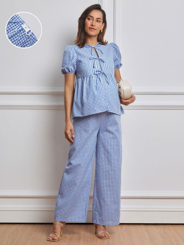 MaterniWear 2pcs Maternity Plaid Bow Decor Puff Sleeve Shirt And Pants Casual Outfit