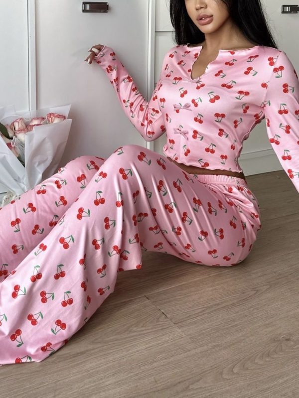 SweetSlumber Cherry Pattern V-Neck Long Sleeve Top & Pants Pajama Set For Women