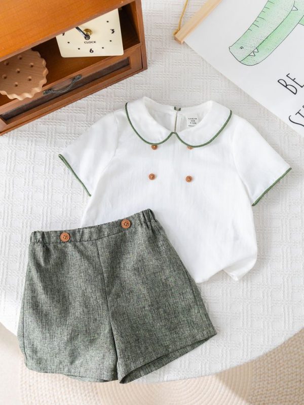 SHEIN 2pcs Baby Boy Cute Casual Summer Peter Pan Collar Short Sleeve Shirt & Shorts Set