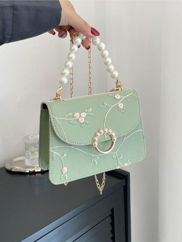 Mini Square Bag Flower Embroidery Faux Pearl Decor Fashionable