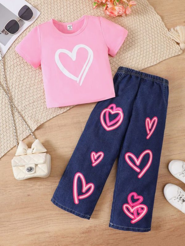 2pcs Girl's Heart Print T-Shirt Top And Wide Leg Heart Print Jeans Pants, Summer Outfit