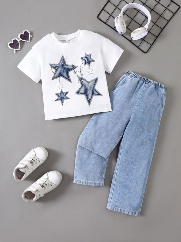 2pcs/Set Girls Star Chain Print Top And Straight Denim Pants Outfit, Summer