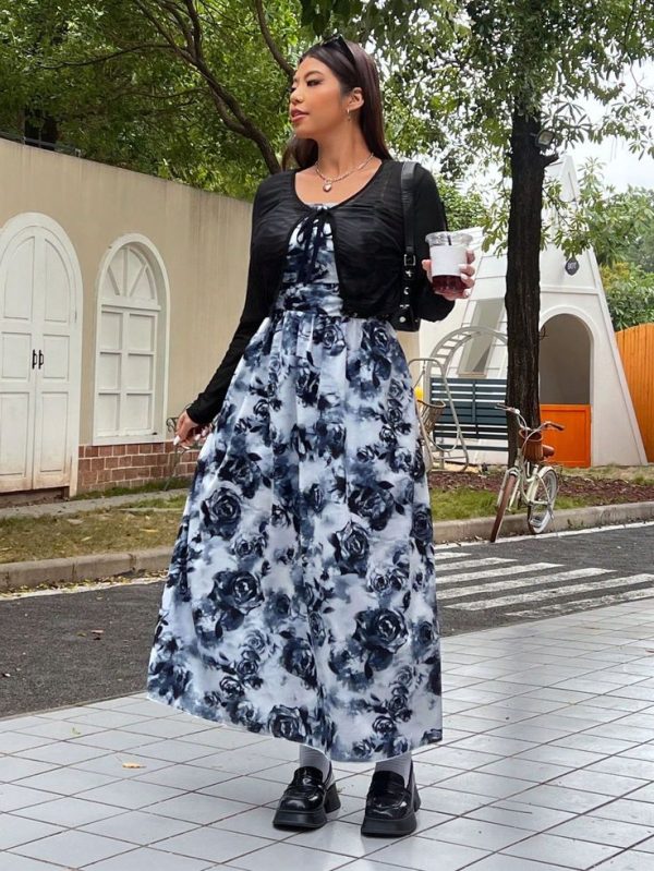 Front-Tie Long Sleeve Blouse And Floral Print Vacation Sundress, UV Protection | SHEIN