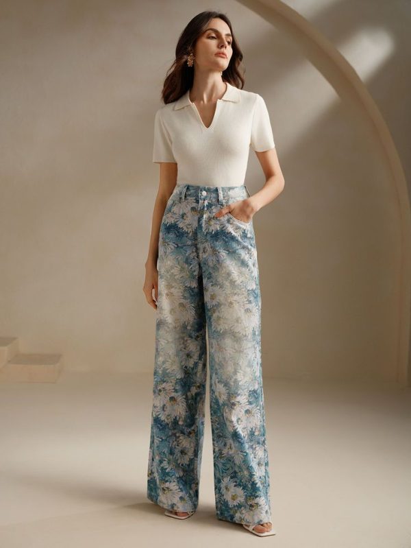 Anewsta Printed Vintage High-Waisted Wide Leg Jeans For Women