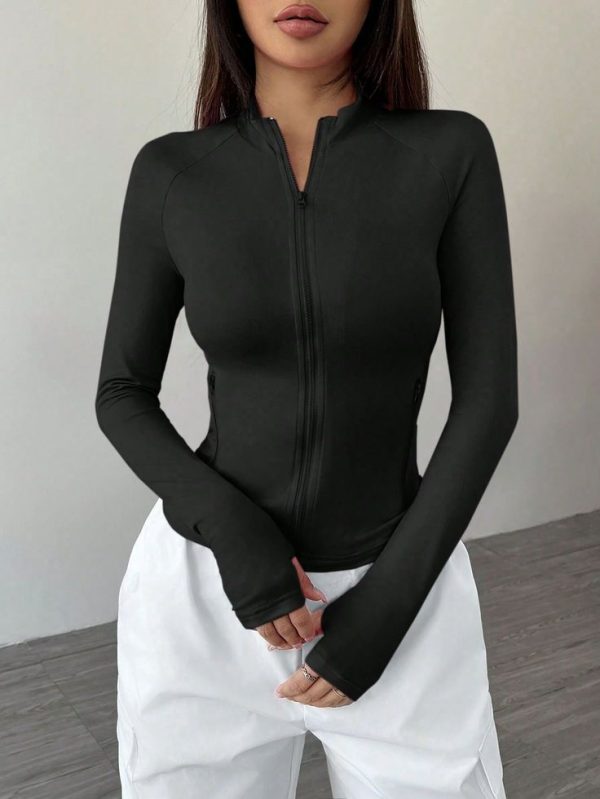 Solid Color Front Zipper Long Sleeve Simple Casual Jacket