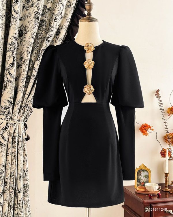 Vintamour Vintage Retro Elegant Women's Dress Metal 3D Floral Laser Cut Round Neck Gathered Gigot Sleeve Bodycon Mini Dress For Party/Holiday Valentine Day Black Dresses For Women Winter Clothes For Women Vacation Outfits Woman New Years Women Outfit Summer Outfits For Women Birthday Dresses For Women Valentines Long Sleeve Dress Summer Dresses For Women Birthday Outfits For Women Valentine's Day Goth Summer Dress Club Outfits Women Valentine Day Dress