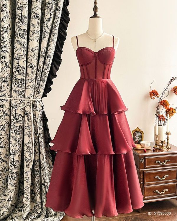 Vintamour Vintage Elegant Party Dress For Women, Form-Fitting Bustier Midi Dress, Wine Red, Suitable For All Seasons Valentine Day Valentines Clothes Dresses For Women Elegant Wedding Guest Dress Women Red Dresses Classy Elegant Formal Gowns Evening
