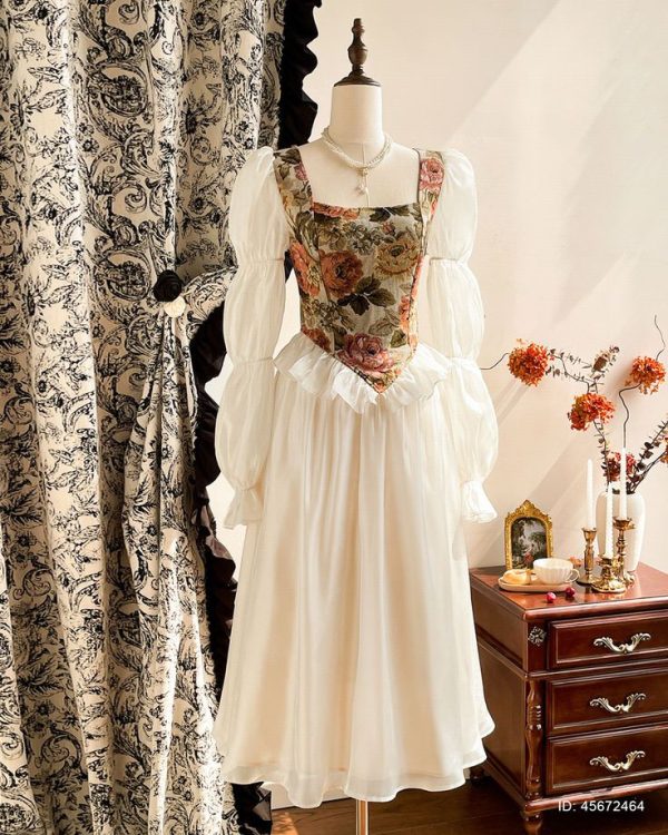 Vintamour Vintage Elegant Women's Dress, Floral Jacquard Texture Fabric Patchwork Organza Glitter Square Collar Lotus Sleeve Ruched Ruffles A-Line Umbrella Hem Casual Party Holiday Dress Winter Women Clothes Winter Women Clothes White Corset Dress Long Sleeve Dress Winter Outfits Christmas Women Clothes Christmas Outfits White Women Dresses Christmas Women Dress Christmas Party Dress Christmas Dress Christmas Clothes New Year Eve Dress Princess