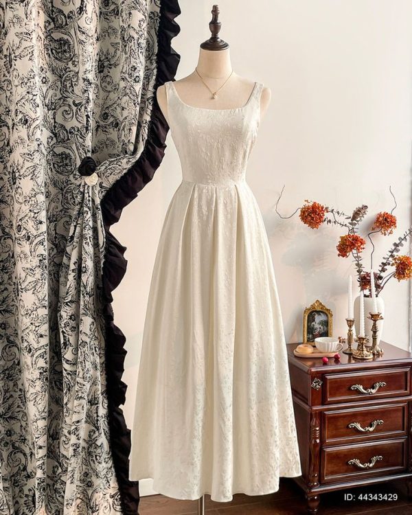 Vintamour Vintage Elegant Party Dress For Women, Fit And Flare Jacquard Midi Dress, White, Autumn/Winter Thanksgiving Valentine Day Summer Birthday Dresses For Women Dresses For Women Elegant Wedding Guest Dress Women Valentine Day Valentines Clothes Summer Outfits For Women Modest Dresses For Women