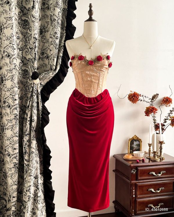 Vintamour Retro Elegant Party Dress Women Floral Lace Trim Jacquard Velvet Dress, Red Gold Strapless Midi Dress Clothes, Christmas Outfit Thanksgiving Women Outfit Christmas Party Dress Princess Women Costume New Year Eve Dress Red Dress Formal Dress Velvet Dress New Years Dress Valentine Day Birthday Dresses For Women Dresses For Women Elegant Wedding Guest Dress Women Valentine Day Valentines Clothes Red Dresses Classy Elegant Formal Gowns Evening