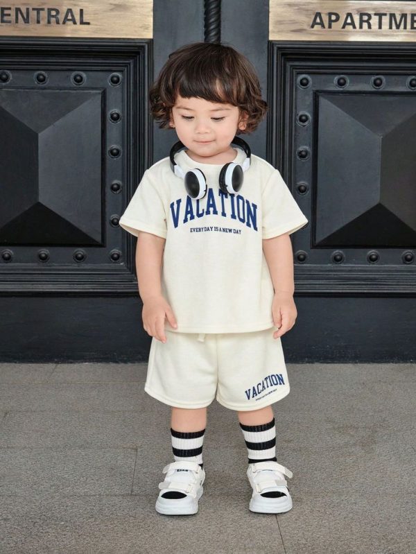 Baby Boy/Girl Casual Sports Fashionable & Adorable Letter Print Crew Neck T-Shirt Top & Shorts Sets, Suitable For Spring And Summer