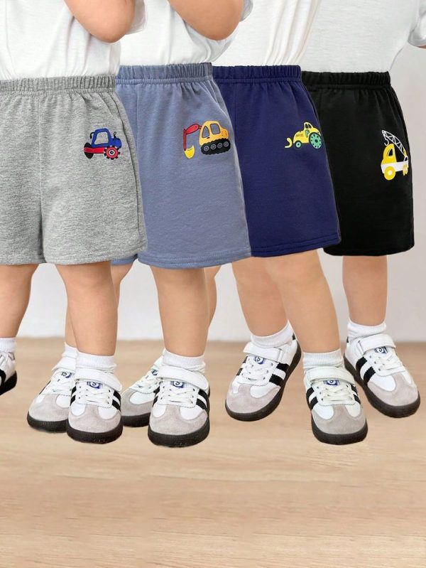 4pcs Set Toddler Boys/Girls Casual Cute Car Graphic Knit Loose Shorts, Striped, 4 Assorted Colors, Suitable For Spring & Summer, Indoor & Outdoor Wear