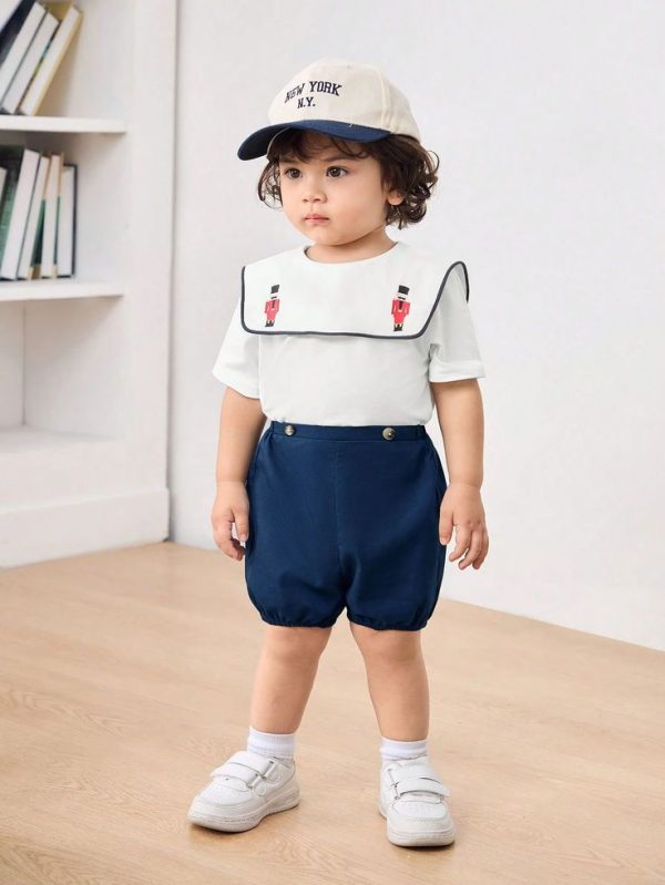 2pcs/Set Baby Boy Summer Casual Cute Sailor Collar Cartoon Print Short Sleeve Top And Elastic Waist Shorts Set, Suitable For Birthday Party, Celebration, Wedding, Christening And 1st Birthday