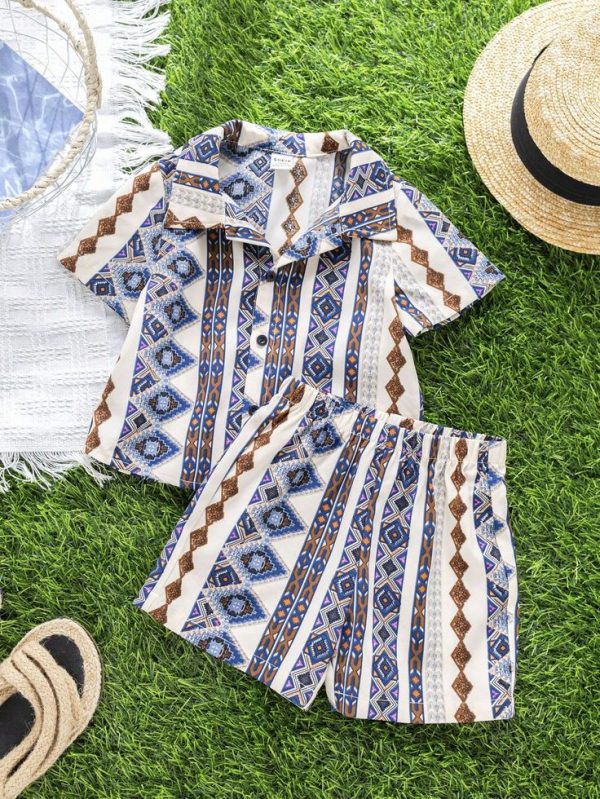 Leaf Pattern Short Sleeve Polo Collar Cardigan And Contrast Waist Elastic Waistband Shorts | SHEIN USA