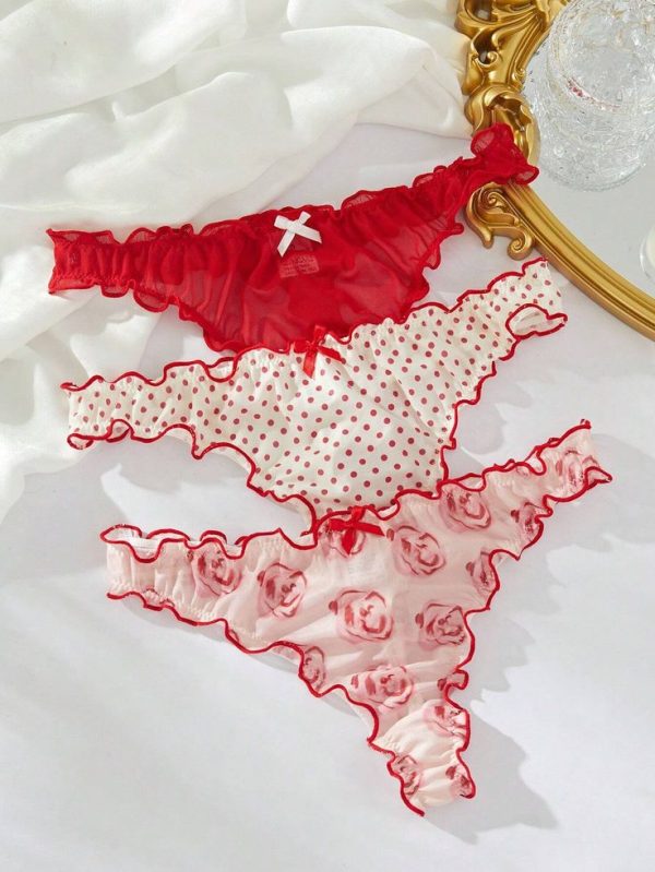 3packs Lettuce Trim Bow Front Sexy Thongs