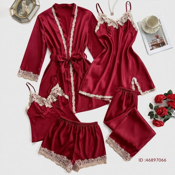 5pcs Set Of Contrast Lace Trim Faux Silk Camisole, Shorts, Pants, Robe & Nightgown