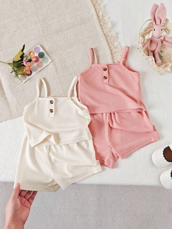 Baby Girls Knitted Solid Pink & Apricot Color Camisole Buttoned