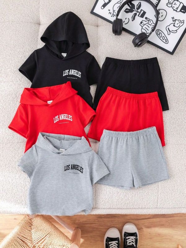 Baby Boys/Girls Casual Sports Street Cute Solid & Letter Print Hooded Top + Elastic Waist Shorts