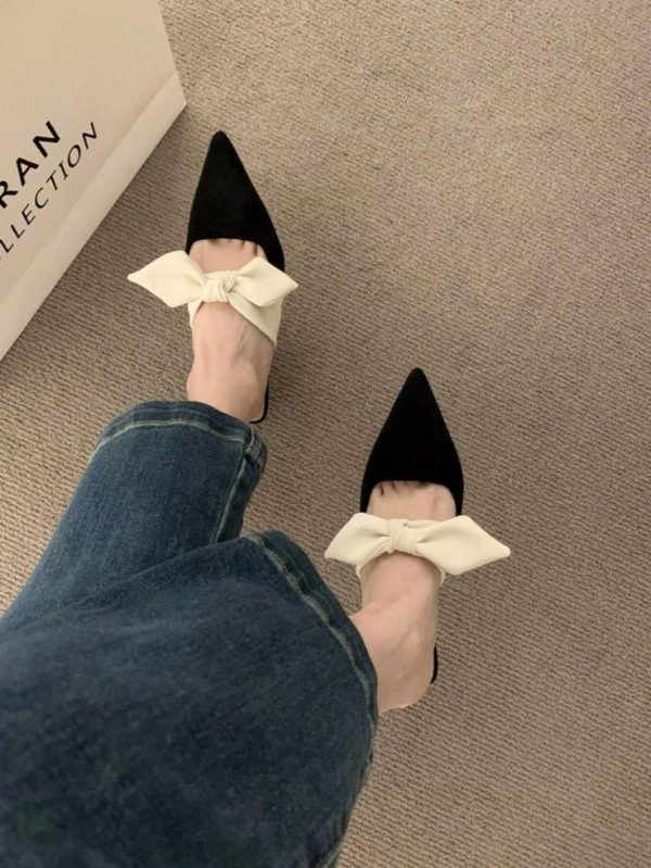 Queenzoo Women's Black French Bow-Knot Closed Toe High-Heeled Shoes Valentines