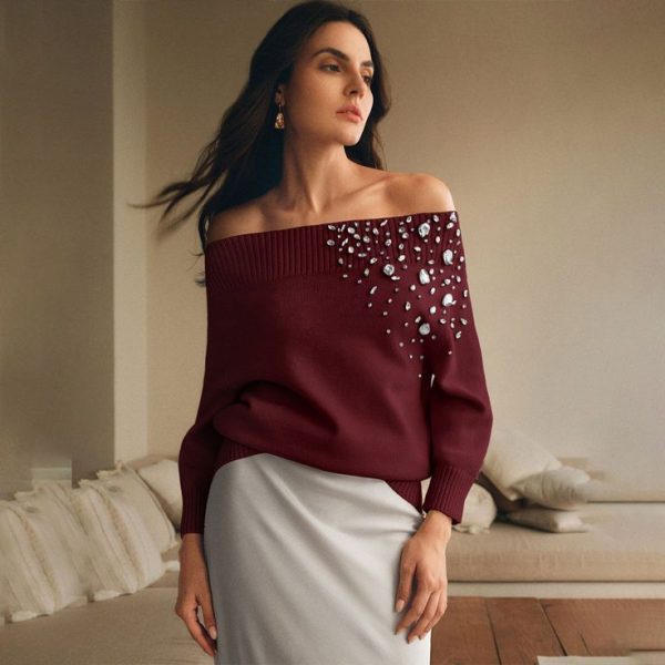 Off Shoulder Beaded Knitted Sweater Top