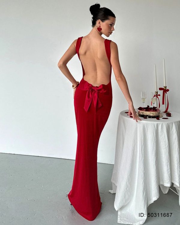 Backless Bow Decoration Fall Women Red Dresses