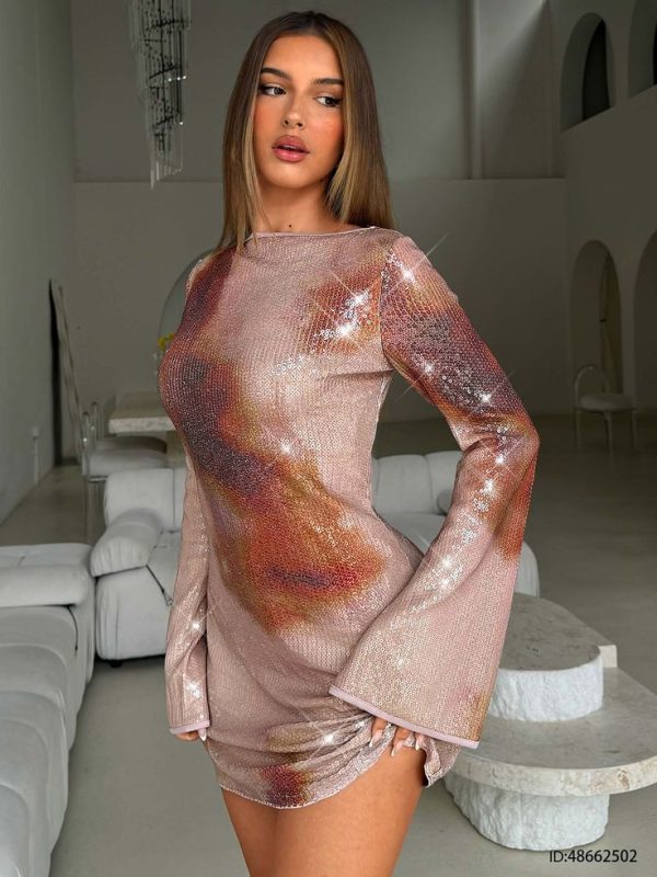 Tie-Dye Sequins Backless  Mini Dress