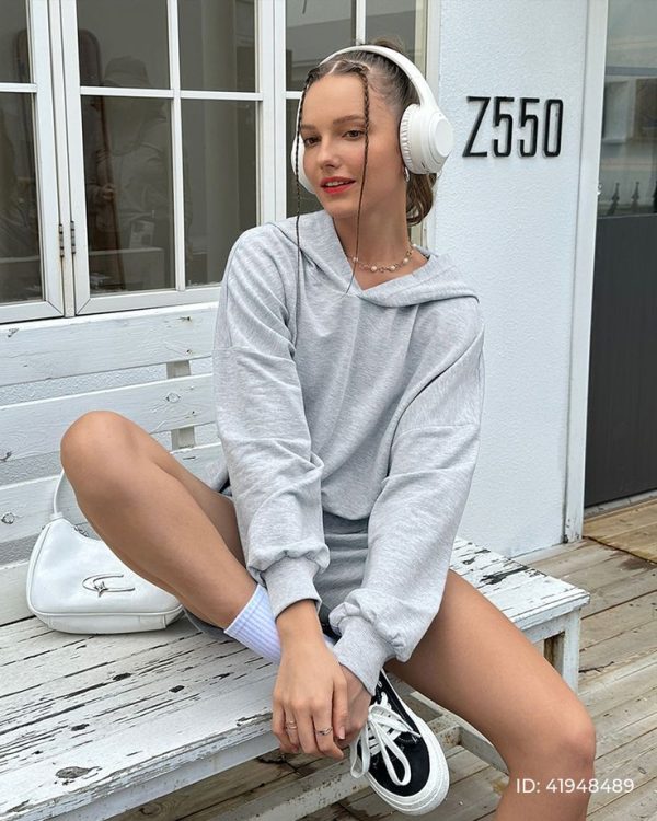 Casual Solid Color Hoodie And Shorts