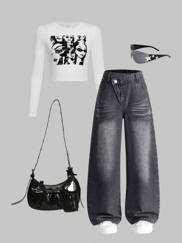 Black & Gray Straight Leg Loose Jeans