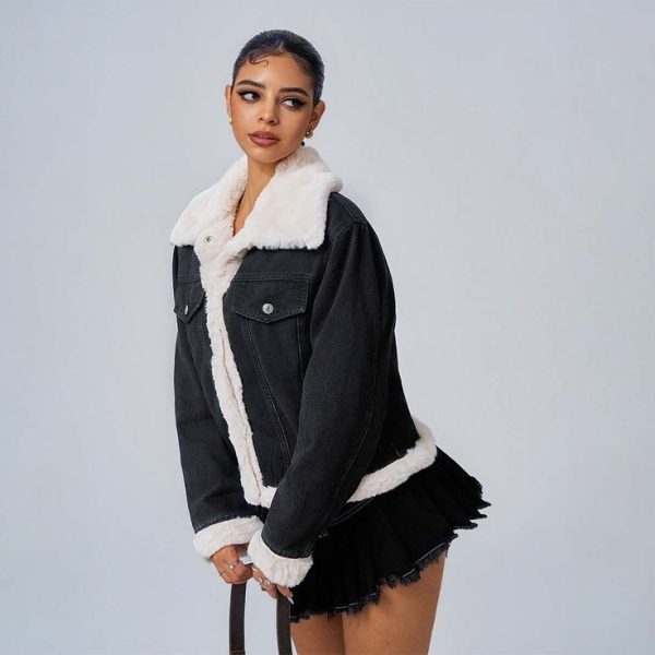 Denim Jacket With Furry Patchwork Long Sleeves