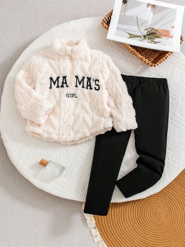 Fleece Jacket With Letter Embroidery & Leggings